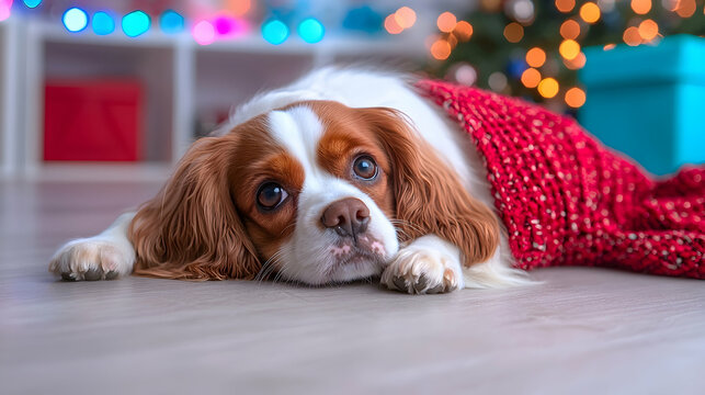 Adorable Cavalier King Charles Spaniel Wrapped in Red Blanket Near Christmas Tree