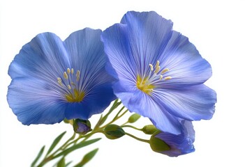 Two Delicate Blue Flax Flowers Blooming Isolated on White Background Botanical