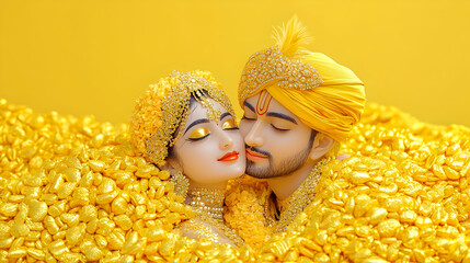 Romantic Couple Embraces Amidst Yellow Gold Decor