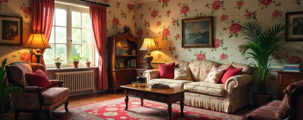 Cozy living room with floral wallpaper, antique furniture, and warm lighting, perfect for granny-themed projects , background, antique