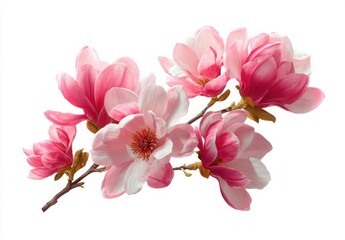 Blooming Pink Magnolia Flowers Branch Isolated on White Background Spring Blossom