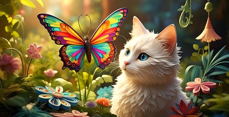 Khao Manee cat with a colorful butterfly and the fresh garden in quilling paper style.