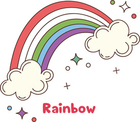 Playful Rainbow Background with Clouds and Stars on Yellow  Whimsical Vector Design