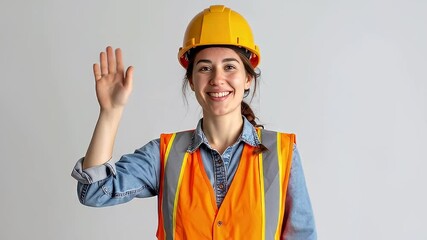 Smiling construction worker raises hands wearing hard hat and safety vest in studio