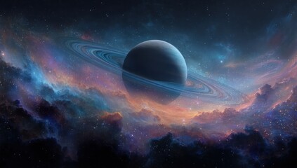 Majestic Ringed Planet in Vibrant Nebula Cosmic Space Scene Stunning Astronomy Artwork