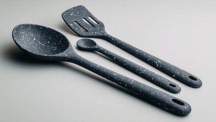 Stylish Dark Grey Speckled Silicone Kitchen Utensils Set Spoon Spatula and Teaspoon