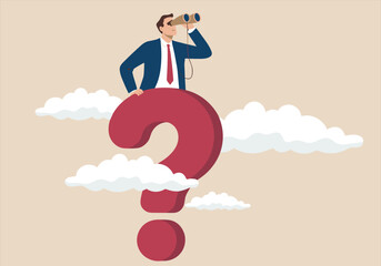 Businessman standing on giant red question mark with binoculars searching for answers in cloud concept vector illustration