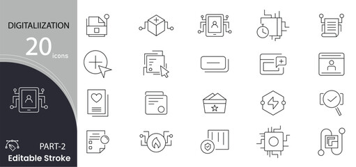 Digitalization related linear icon set. Digital technology, cloud computing, mobile payment, coding, chip, glasses, innovation, network and artificial intelligence outline icon collection.