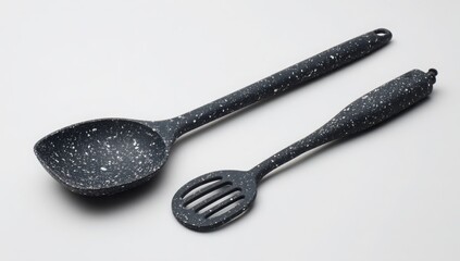 Elegant Dark Gray Granite Kitchen Utensils Set Serving Spoon and Slotted Spatula