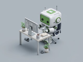 A charming, isometric cube robot character at a desk with multiple monitors, representing efficient and modern technology at work