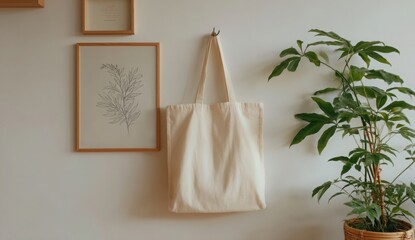 Cream colored cotton tote bag hanging on a wall next to framed botanical art and a houseplant