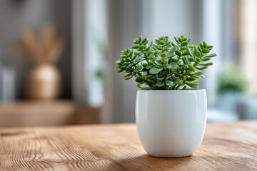 Green Succulent Plant in White Pot on Wooden Table Modern Home Decor