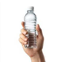 Hand Holding a Bottle of Refreshing Pure Water on White Background