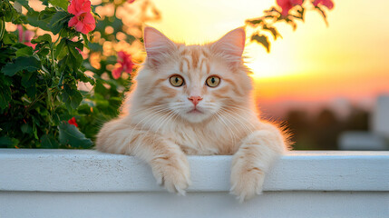 Fluffy Orange Kitten at Sunset by Pink Flowers