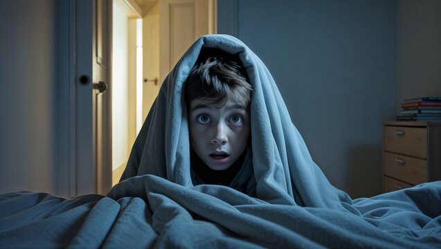 Scared child under the covers, fear of the dark, hiding in bed at night
