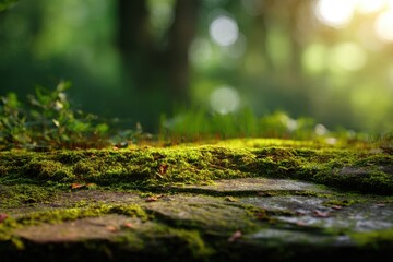 Lush Green Moss Covered Stone in a Tranquil Forest Setting Perfect Nature Background