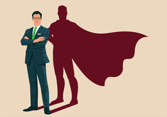 Confident businessman with superhero cape shadow standing proud leadership empowerment vector illustration