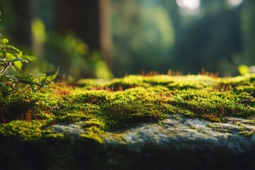 Lush Green Moss Growing on a Stone in a Forest Sunlight Illuminates the Vibrant Texture