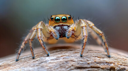 Fototapeta premium Spider Close Up: A close-up shot of a vibrant spider with striking features, showing intricate details of its body, legs, and unique eyes, set against a blurred natural background.