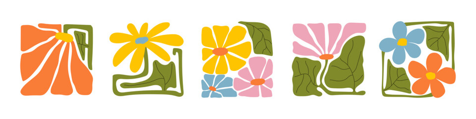 Groovy abstract flower art set. Organic doodle shapes in trendy naive retro hippie 60s 70s style. Contemporary poster and background. Floral botanic illustration in pink, yellow, orange colors.