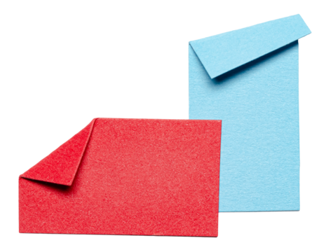 Two overlapping isolated cut out blank red blue paper notes cardboard with folded corner dog-ear earmark and copy space for text, transparent png background design element