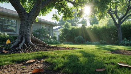 Sunny backyard garden with large tree, lush greenery, tranquil outdoor scene
