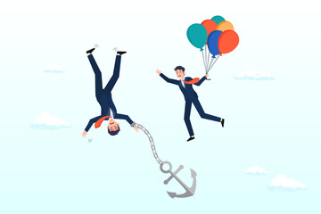 Businessman holding balloon rising up compare to other falling down with anchor, business ranking up or down, situation for success and failure, growth or losing comparison, risk or challenge concept
