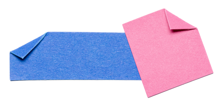 Two overlapping isolated cut out blank blue pink paper notes cardboard with folded corner dog-ear earmark and copy space for text, transparent png background design element