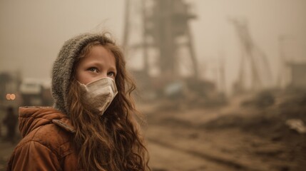 Child in protective mask amidst industrial pollution urban setting emotional portrait gloomy atmosphere close-up perspective