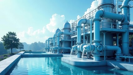 Serene Aqua-Tech Facility Modern Industrial Water Purification Plant with Cascading Blue Streams and Tranquil Pool