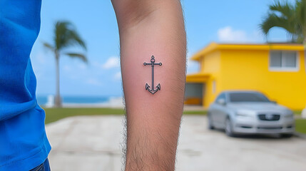 Small Black Anchor Tattoo on a Man's Hairy Arm Outdoors