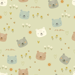 Cute hand drawn bears, sun, flowers and bees. Vector illustration with cartoon animals.
