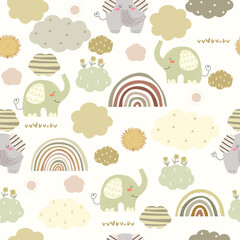 Seamless pattern with cute hand drawn elephants, rainbows, clouds and sun. Vector illustration with animals and cartoon nature.