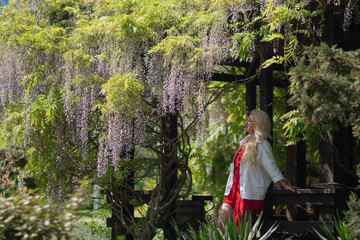 Wisteria Woman Garden: Blonde girl relaxes under blooming wisteria in a garden on a bright day for peace.