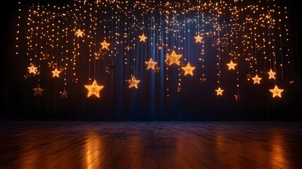 A school talent show stage decorated with stars and string lights