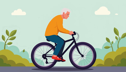 Obraz premium Elderly man biking through tranquil landscape, joy of movement