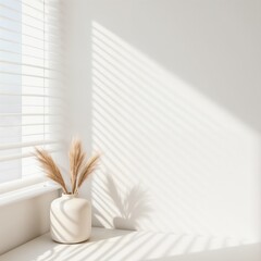 Minimalist vase with dried grass in a softly lit room with shadows from the blinds, dust-covered blinds on window
