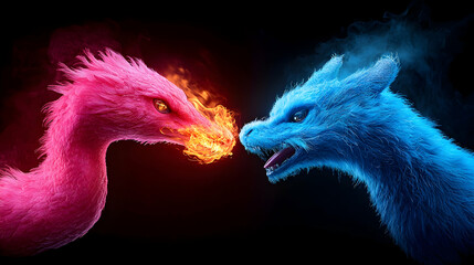 Pink And Blue Crystal Dragons Facing Each Other In A Dark Setting