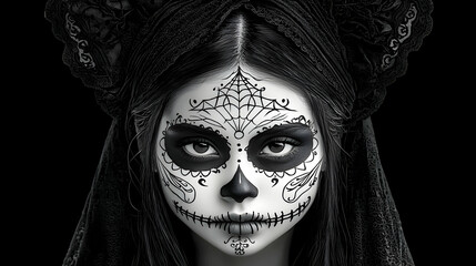 Black And White Portrait Of Woman With Sugar Skull Makeup