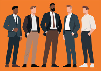 Diverse Group of Businessmen Wearing Modern Formal and Casual Attire Flat Vector Illustration