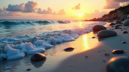 Serene Sunset Coastal Scene Gentle Waves Caress Smooth Stones on a Sandy Shore, Bathed in Golden Hour Light