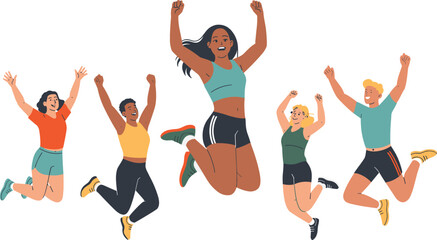 Happy Diverse People Jumping in Air, Group of Multicultural Friends Celebrating Joy, Fitness, or Success, Flat Vector Illustration for Health, Lifestyle, or Teamwork Concept