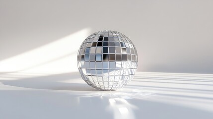 A mirrored disco ball sits on a pristine white surface, illuminated by a shaft of sunlight casting shadows