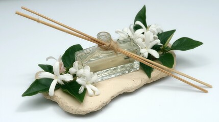 light jasmine diffuser on ivory stone tray, white jasmine flowers arranged gently, clear bottle and reed sticks styled elegantly, soft elegant composition for spa and aromatherapy ads