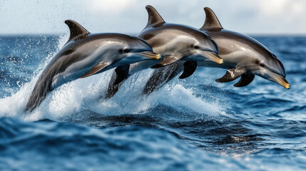 Aquatic Acrobats: A trio of dolphins leaps gracefully from the ocean, showcasing their agility and joy in a stunning display of marine life.