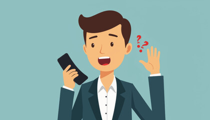 Confused man talking on phone after strange call, communication breakdown