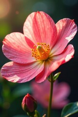 A delicate pink blossom bathed in the warm glow of sunlight, showcasing intricate details of its petals and vibrant yellow stamen, a testament to nature's artistry