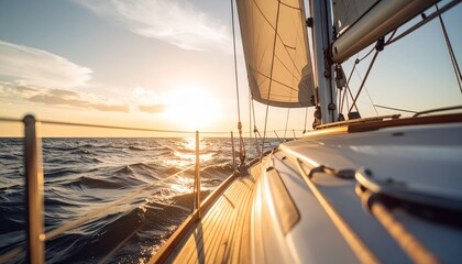 Single sailboat sailing into the calm sea, warm sunset with soft golden orange light in the background