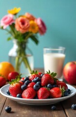 A plate with strawberries, blueberries and bananas on a background, a glass of milk, a plate with fruits and a vase with flowers