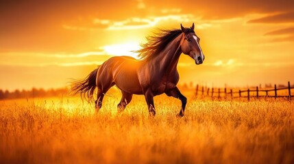 Majestic Horse Galloping Through Golden Meadow at Sunset with Vibrant Sky and Soft Grass, Symbolizing Freedom and Beauty of Nature